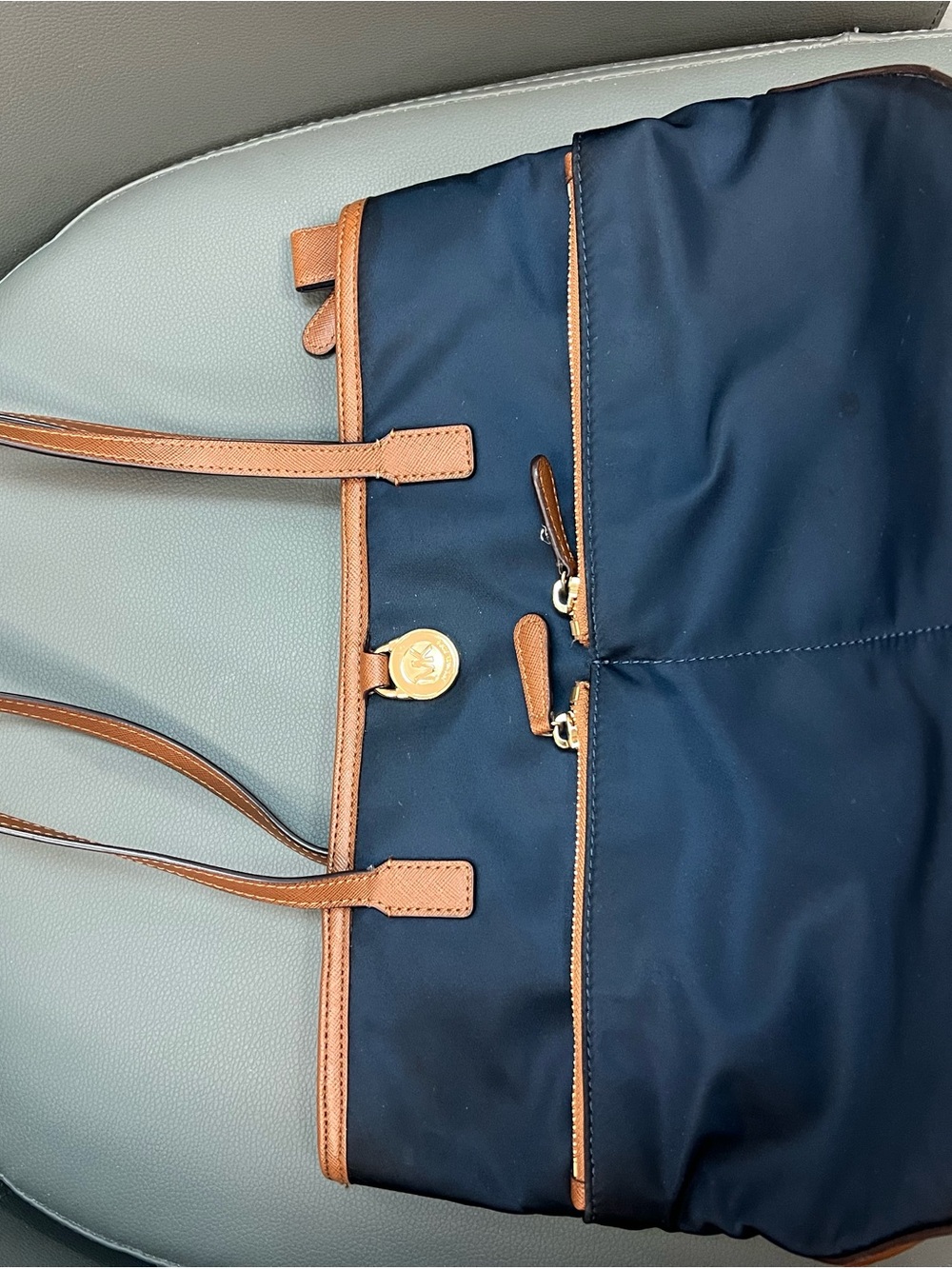 Michael Kors Navy and Tan Tote with Front Zip and Logo Charm